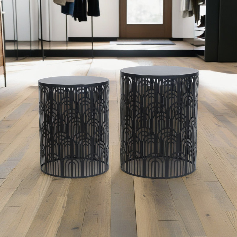 Set Of 2 Hollow-Carved Round Metal End Tables, Black