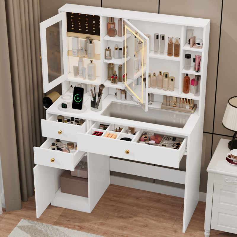 Bureau de coiffeuse avec miroir et lumière, Blanc
