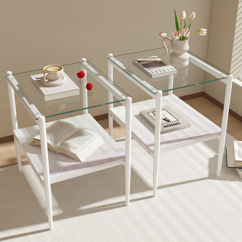 Table de bout rectangulaire 2 pièces avec plateau en verre trempé et tablette de rangement en panneau de fibres à densité moyenne, tables d'appoint de salon