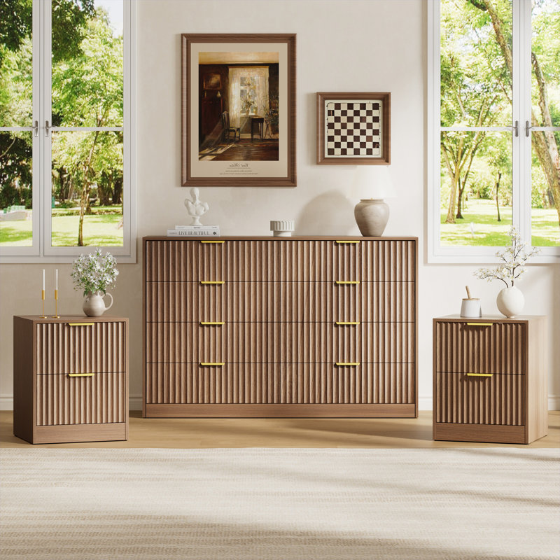 Ensemble 3 pièces commode 8 tiroirs et table de chevet 2 tiroirs, Brun