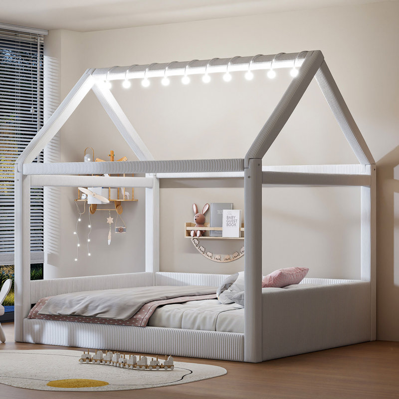 Full Size Upholstered House Daybed with LED Light Strips, Solid Wood Frame, Corduroy Fabric & Touch Switch Lighting, Beige
