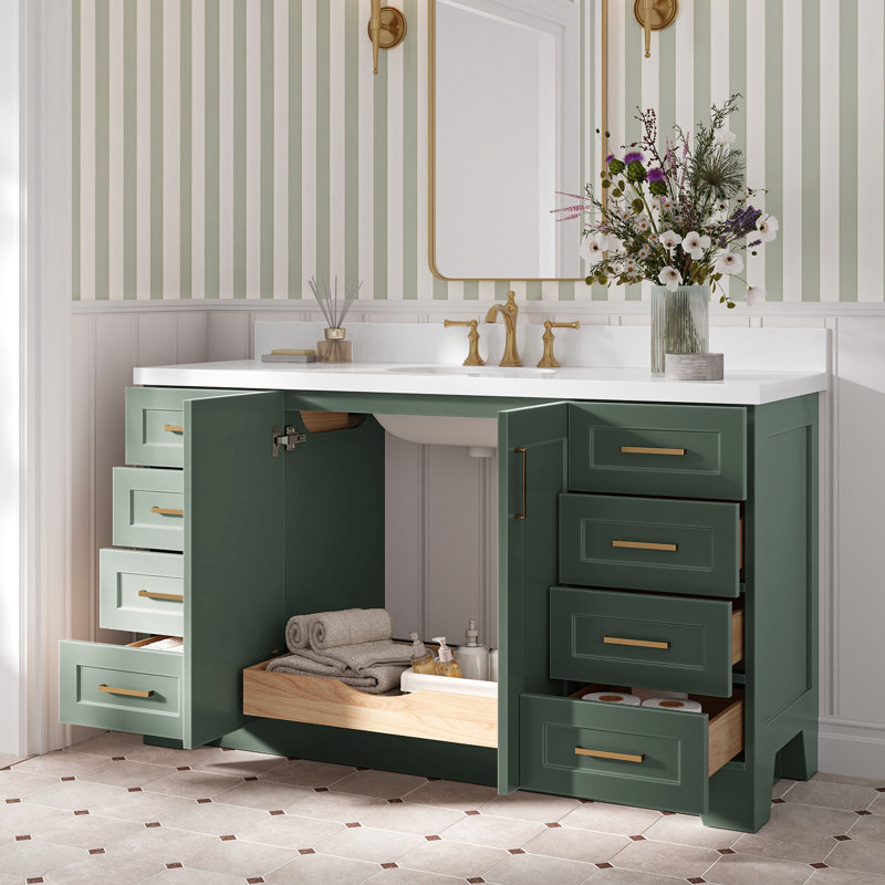 61 IN.  Single Bathroom Vanity, Oval, White Quartz, Vintage Green