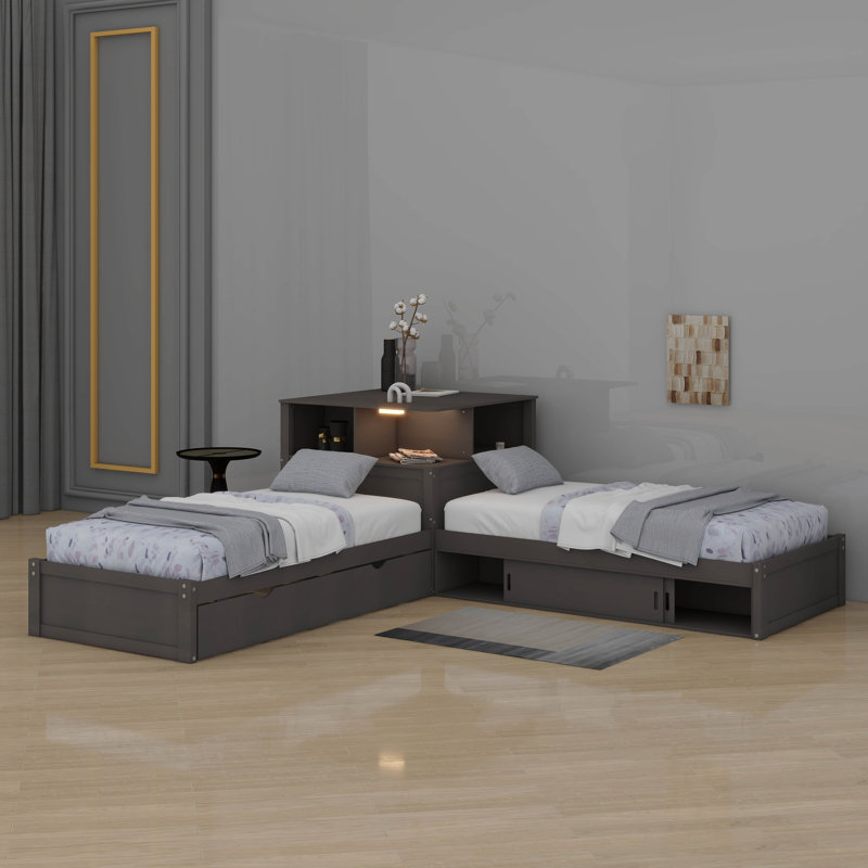 Lit simple d'angle en forme de L avec lit gigogne et rangement, lit plateforme 3 en 1 avec armoires et bureau, lumière DEL intégrée