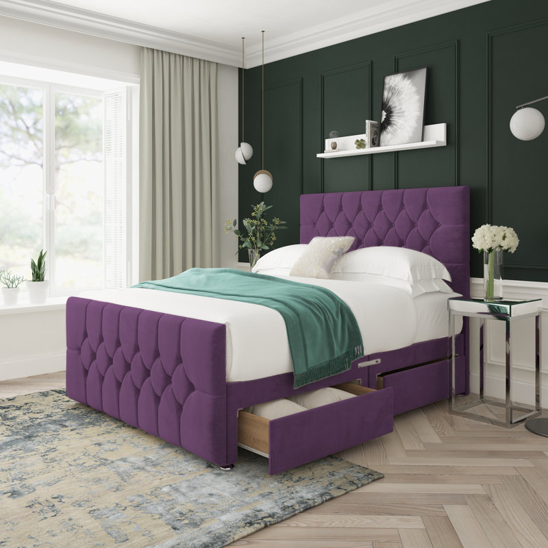 Upholstered Divan Bed, Right Side Drawers, Purple, Kingsize (5')