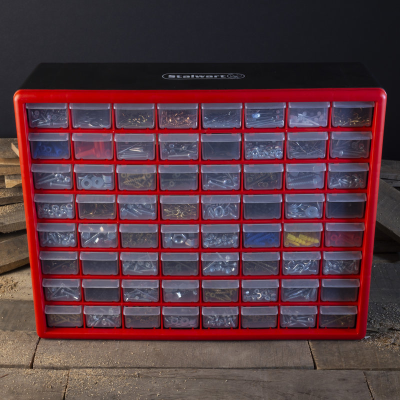 Stalwart 64-Drawer Plastic Storage Organizer, Red