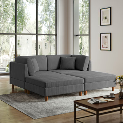 Seemab 4 - Piece Upholstered Grey Corduroy Modular Sectional with Pillow Back and Removable Ottoman