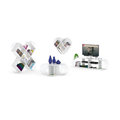 Meuble télé Mid-Century moderne, 68 po, 4 tablettes de rangement ouvertes, centre de divertissement, blanc / chrome | Idée de cadeau