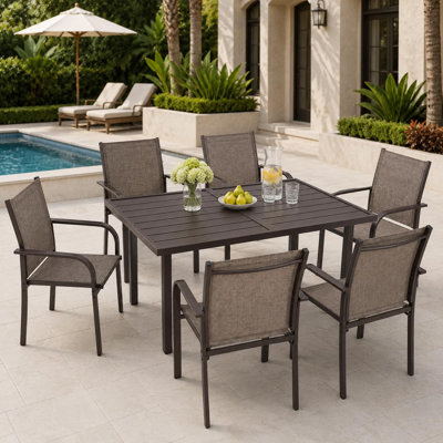 Ensemble de salle à manger de patio 7 pièces avec structure en acier thermolaqué et tissu textilène L 37 po x l 29 po x H 43 po, table rectangulaire avec 6 chaises pour cour, terrasse, balcon et porche, brun