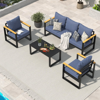 5 Seats Outdoor Patio Furniture Set Aluminum Conversation Set with Coffee Table, 4 Piece Outdoor Conversation Sets for Patio Porch Balcony Deck Yard, Blue