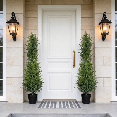 5ft Tall Artificial Real Touch Cedar Pine Tree, Set of 2 Pre-Potted Faux Evergreen Trees in Black Plastic Pots for Indoor Home Office Living Room Entryway Decor