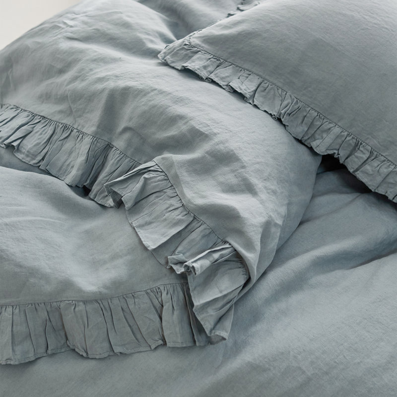 Linen Ruffled Duvet Cover Set, Dusty Blue, King Duvet Cover + 2 King Shams