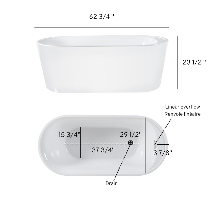 Baignoire de trempage autoportante en acrylique 62 po. X 29 po. Ortie, Blanc
