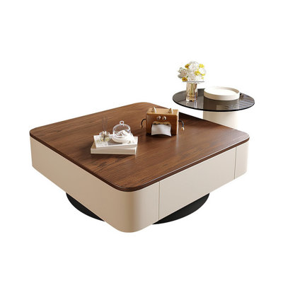 Modern 2-Piece Nesting Coffee Table Set With Storage Drawers, Walnut Wood Top & Tempered Glass Side Table
