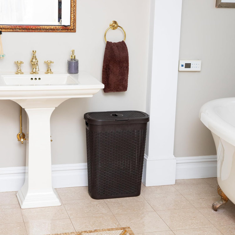 Slim Laundry Hamper With Lid, 40L Clothes Basket, Premium Wicker Design, Plastic, Brown