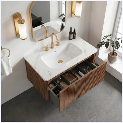 Meuble-lavabo flottant mural 36 po avec lavabo en céramique blanc Carrara