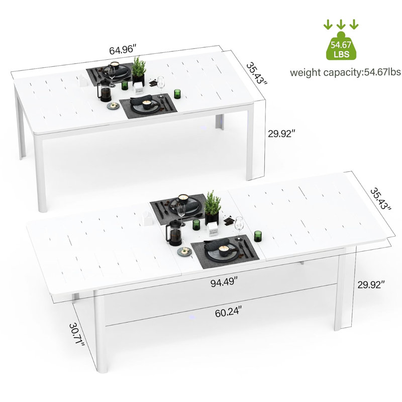 Table de salle à manger extensible en aluminium et aluminium blanche, rectangulaire pour 6 à 8 personnes, facile à nettoyer pour l'extérieur, conçue pour 6 à 8 personnes, et pour l'intérieur