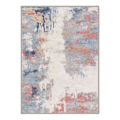 Tapis ivoire / bleu / rose lavable à la machine avec envers antidérapant