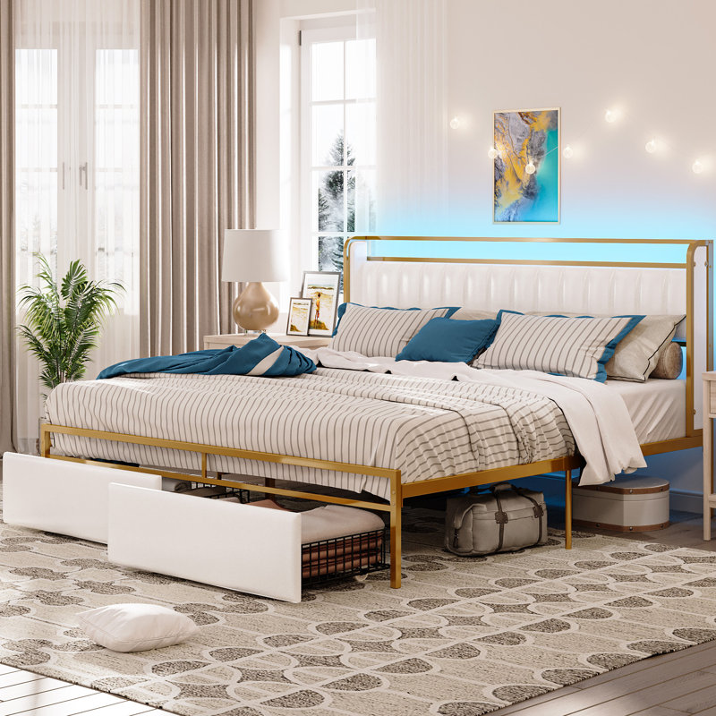 Omartin 45.4'' Bed Frame Twin Size with Armrests Headboard & RGB Light, Upholstered Twin Size Bed Platform with Drawers, Twin
