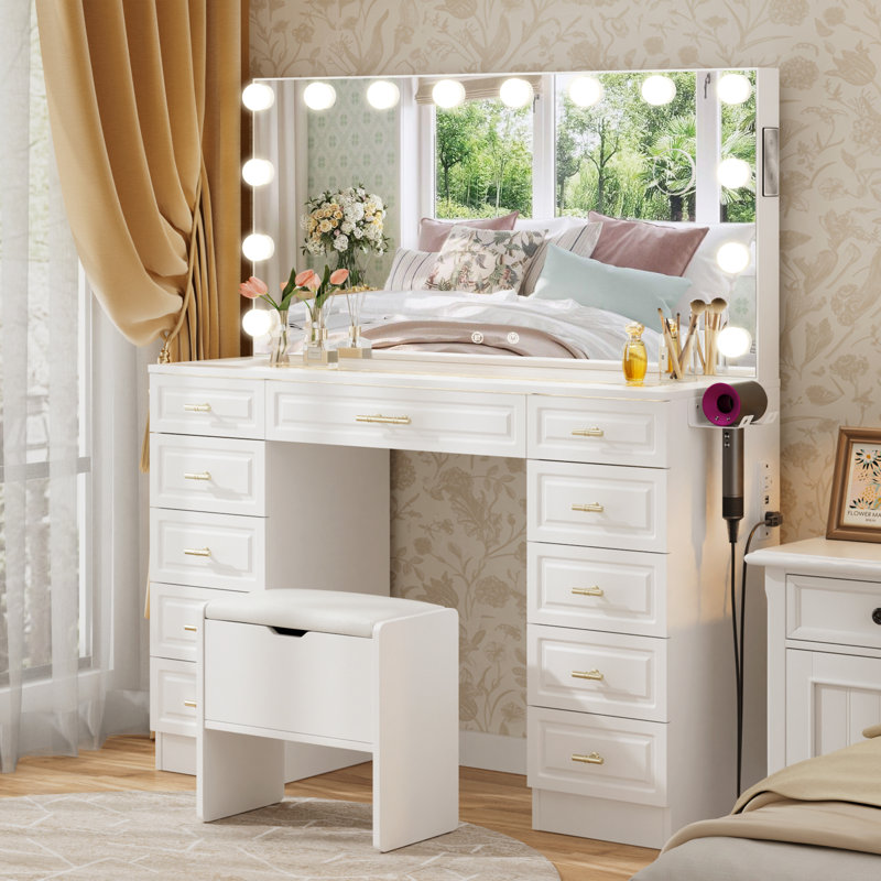 Coiffeuse avec miroir et lumières, coiffeuse avec 2 haut-parleurs Bluetooth et 11 tiroirs, blanc