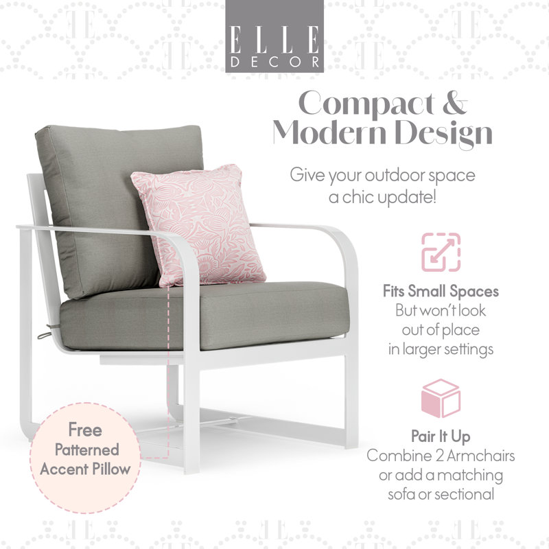 Chaise d'appoint d'extérieur en métal avec coussins et coussin décoratif pour le porche, le balcon ou la cour Elle Decor Mirabelle