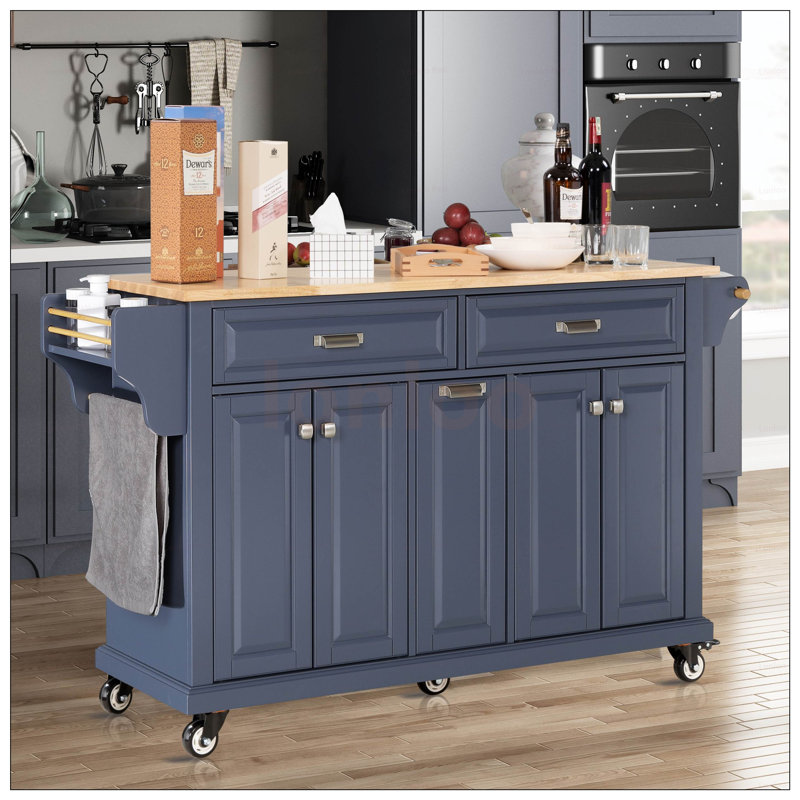 Durable Kitchen Island With Rubberwood Countertop, Spacious Storage, And Mobile Design For Enhanced Cooking And Dining Experience