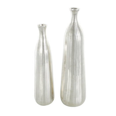 Ingetrud Aluminum Metal Decorative Silver Vase with Wavy Accents and Textured Ridges Set