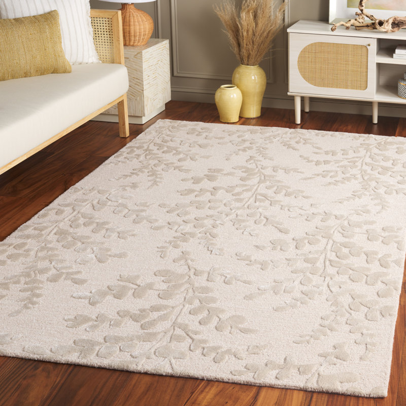 Tapis beige en laine, viscose et coton touffeté à la main Helan, Rectangle 5 pi x 8 pi
