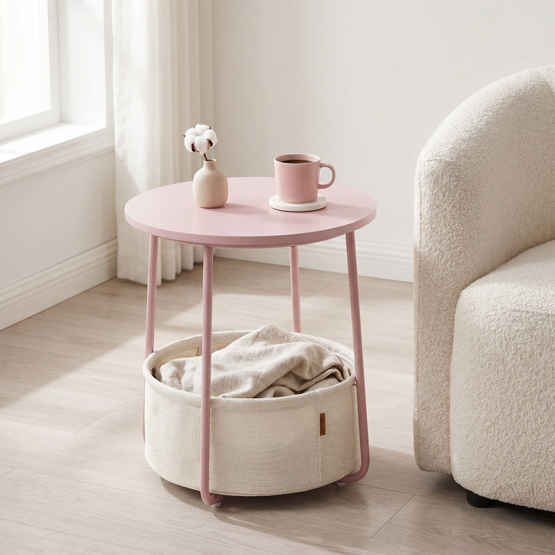 Small Round Side End Table - Modern Nightstand With Fabric Basket, Jelly Pink And Cream White