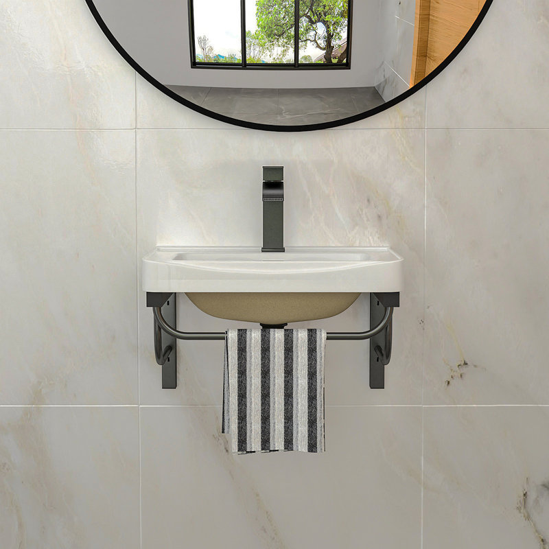 Lavabo de salle de bain mural rectangulaire en céramique 19,88 "X 14,25" avec barre à serviettes et trop-plein noir