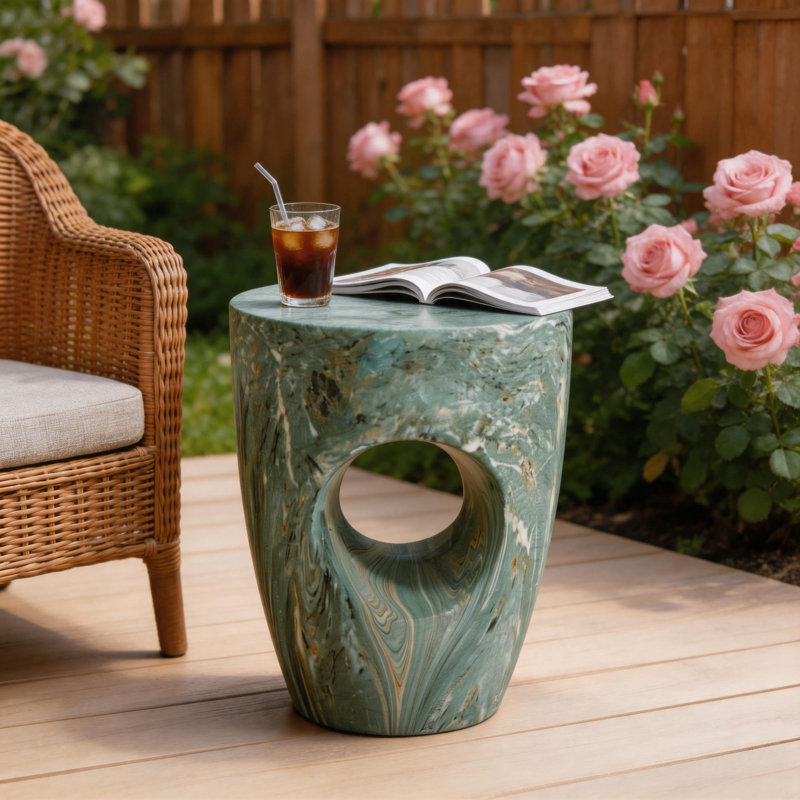 Table d'appoint ronde en pierre avec découpe pour terrasse, usage intérieur et extérieur, Green
