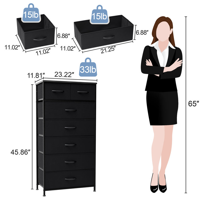 Commode 7 tiroirs 23,22 ", noir, Noir