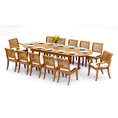 12 Seats 13 Pcs Grade-A Teak Wood Dining Set: 118" Double Extension Mas Oval Trestle Leg Table And 12 Arbor Stacking Chairs (2 Arm & 10 Armless Chairs) #11AB2702