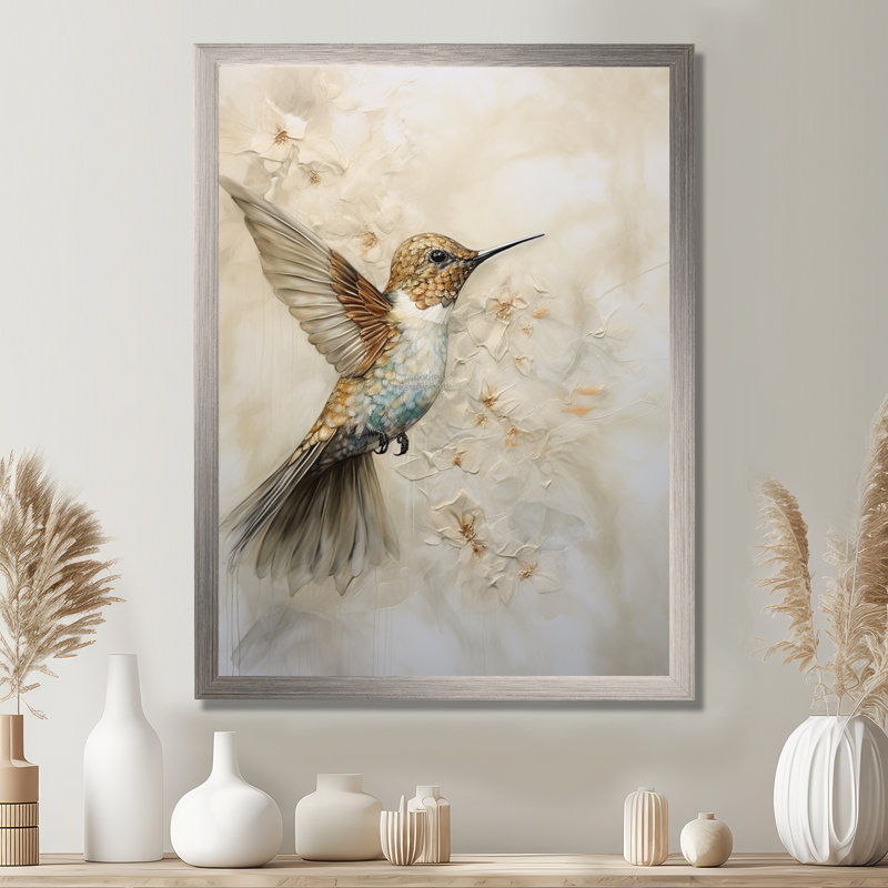 Colibri floral flottant III - Art mural colibri pour le salon, Cadre simple argenté, H 44 po x l 34 po x P 1,5 po