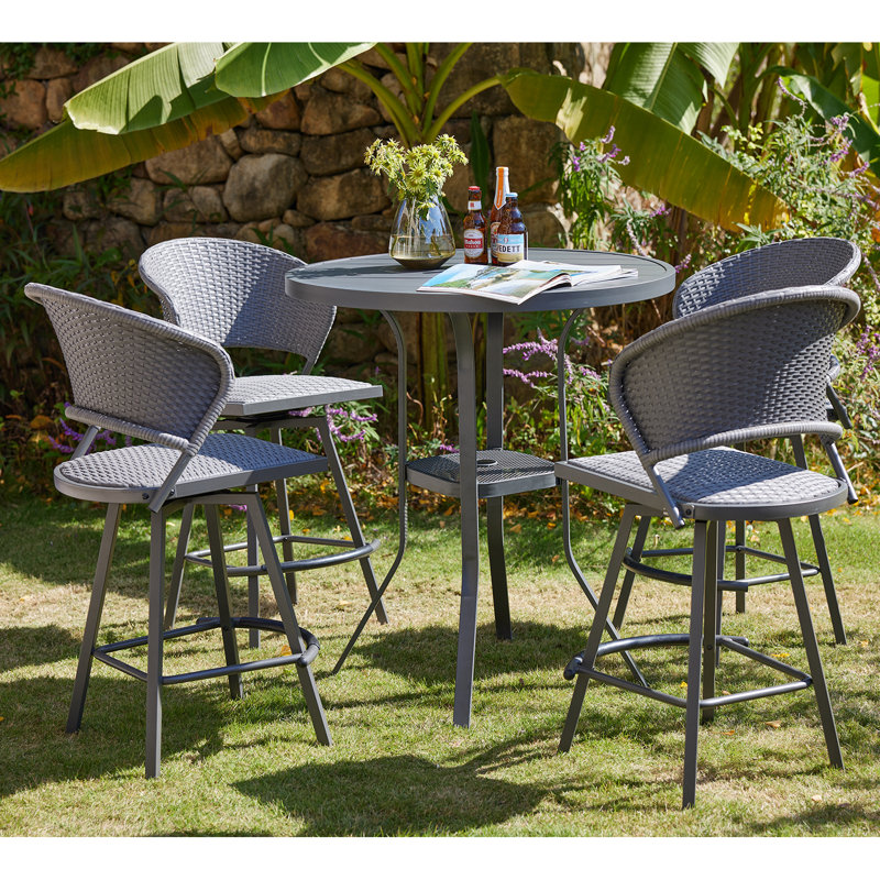 Rosebach 5 Pieces Wicker Bar Set with Stools, Grey/Grey