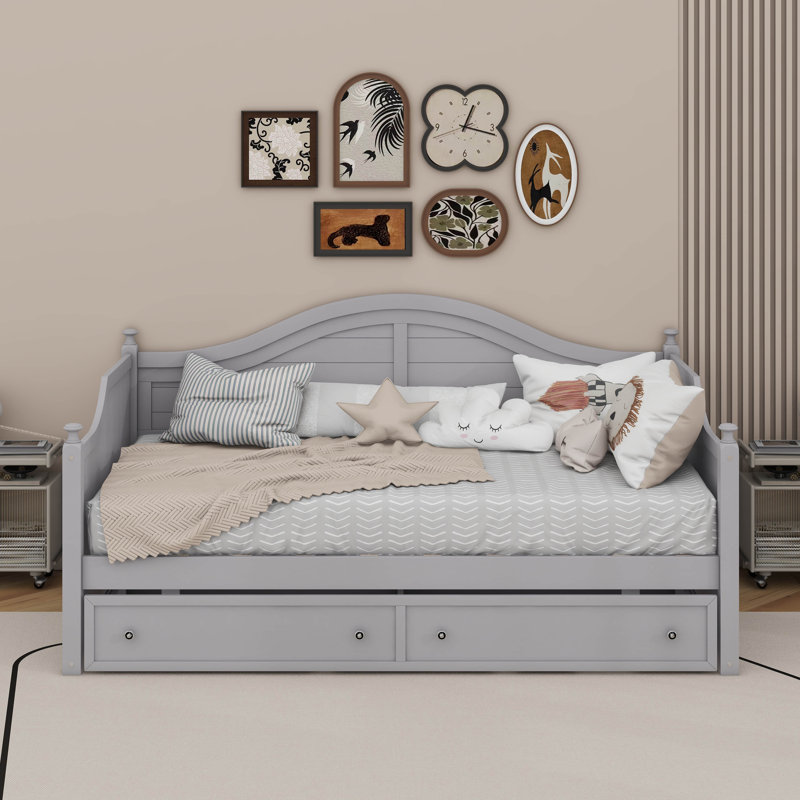 Lit de jour simple en bois avec 2 tiroirs de rangement, Gris clair