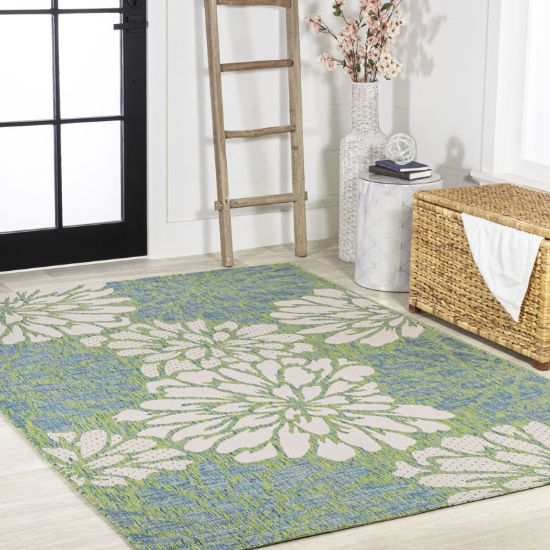 Zinnia Modern Floral Textured Weave Cream/Green Indoor/Outdoor Rug, Rectangle 7'9" x 10'