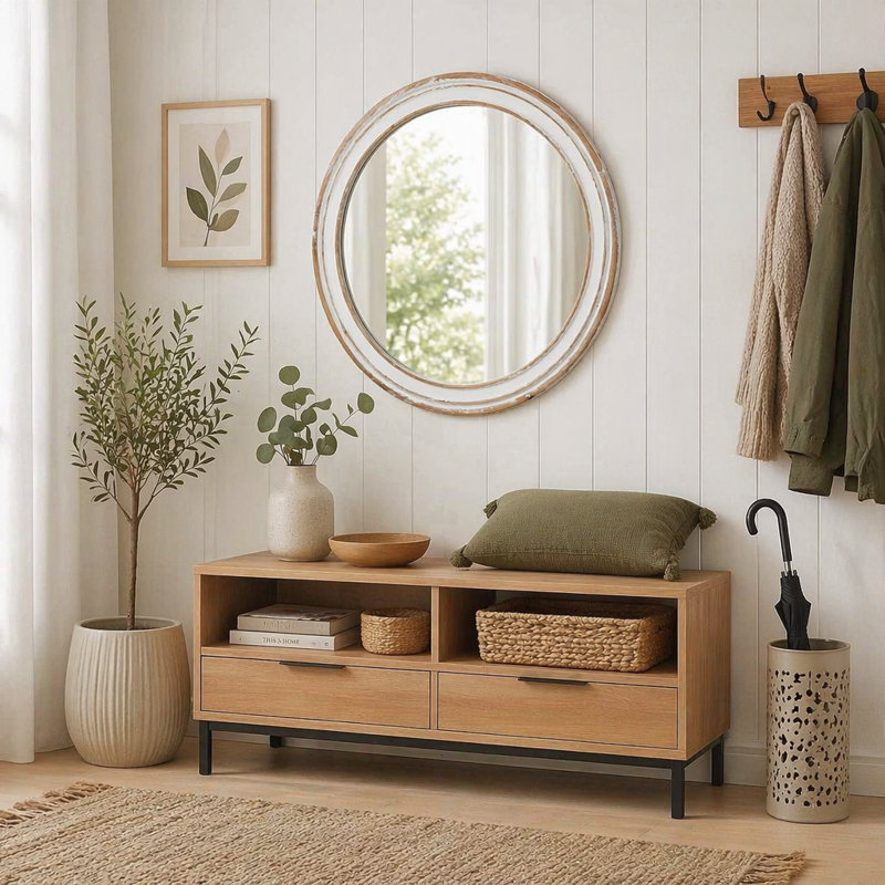Miroir mural rond en bois pour meuble-lavabo, 27,56 po x 27,56 po