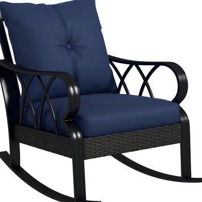 Fauteuil à bascule d'extérieur avec rembourrage bleu marine et structure en aluminium. Parfait pour profiter du jardin. Détails : siège rembourré, piètement en métal. Optimise l'espace. Dimensions : 90 cm (H) x 93 cm (L) x 70 cm (P).