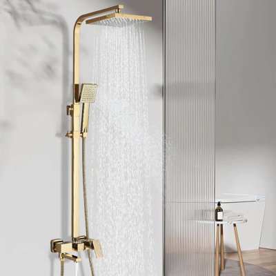 Modern Gold Exposed Bathroom Shower Mixer Twin Head Bar Set Square Valve Brass