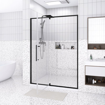 50-54"W X 74"H Framed Pivot Shower Door | Open Outside | Stop At 105 Degrees | 5/16" Tempered Glass | Matte Black