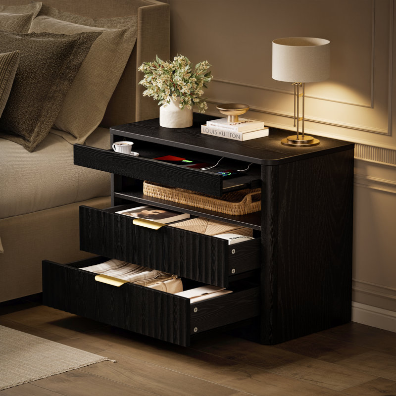 27”nightstand With 2-drawers & Open Shelf, Bedside Table With Outlets,end Table With 1 Pull-out Shelf, Night Stand For Bedroom