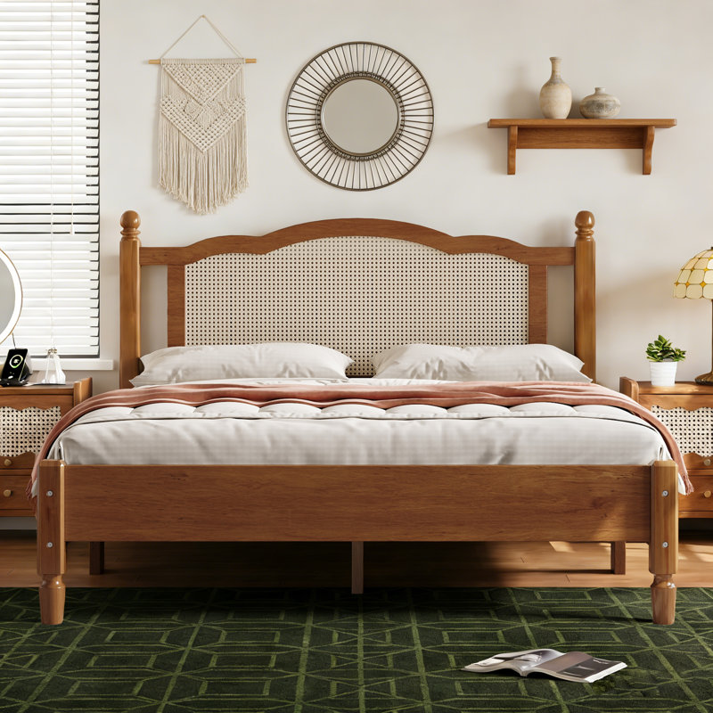 Mid Century Platform Bed with Rattan Headboard, Pine Wood Bed Frame with High Clearanc and Underbed Storage, Weight Capacity 600 lbs, No Box Spring Needed, Walnut, Queen