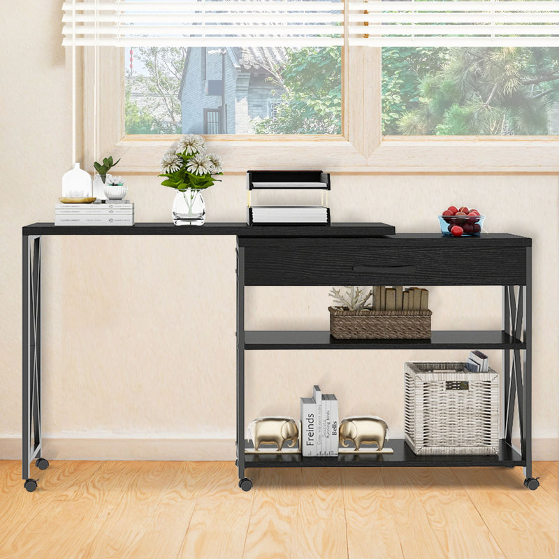 Mineo 35.4'' Rotating L Shaped Writing Desk with Drawer & Storage Shelves, Black
