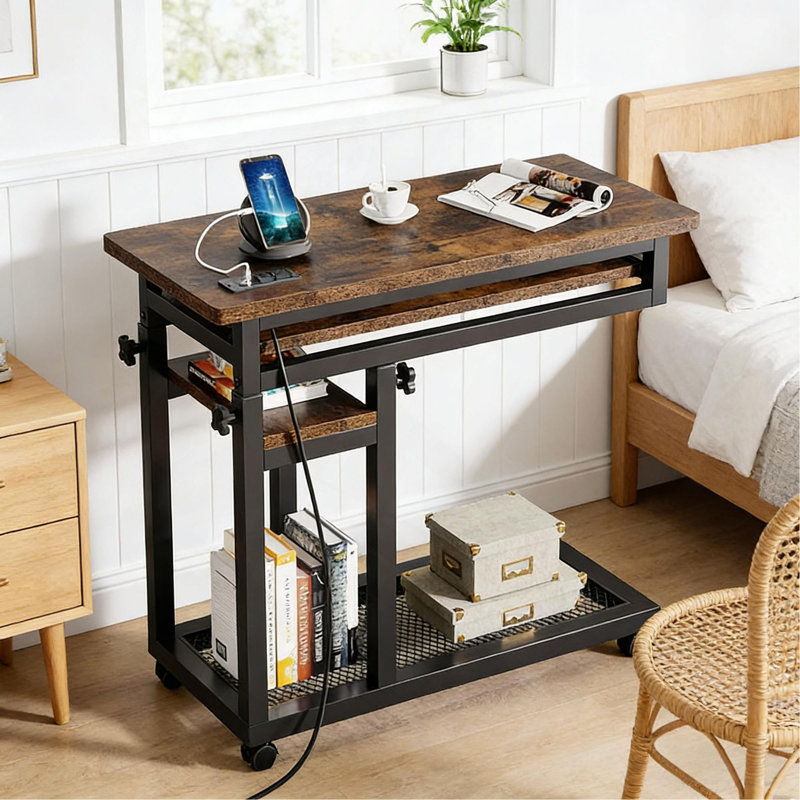 Table d'appoint avec roulettes, table mobile en C durable, bureau étroit, station de charge pratique
