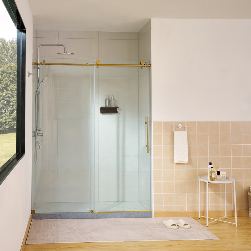 60 in. W x 76 in. H Frameless Soft Close Sliding Shower Door with Explosion-Proof Clear Glass, Titanium Gold