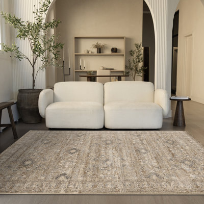 Tapis traditionnel tanpe brun clair résistant aux taches