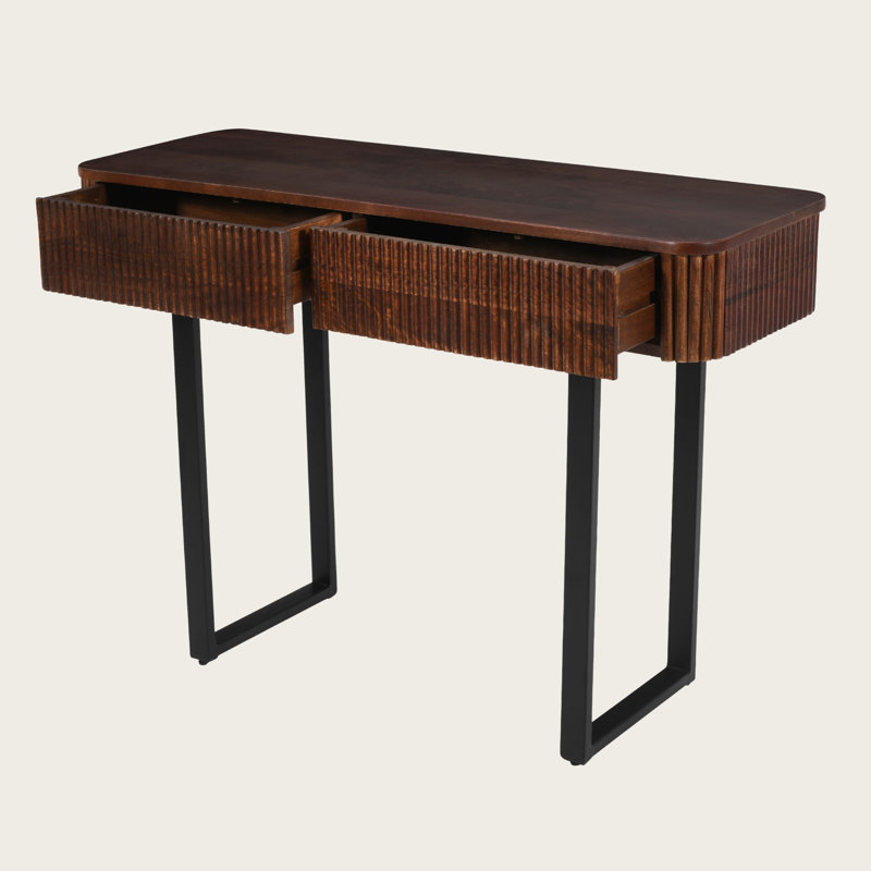 Solid Wood Entryway Table with Fluted Design, Retro Minimalist Console with Storage and Metal Legs, Honey