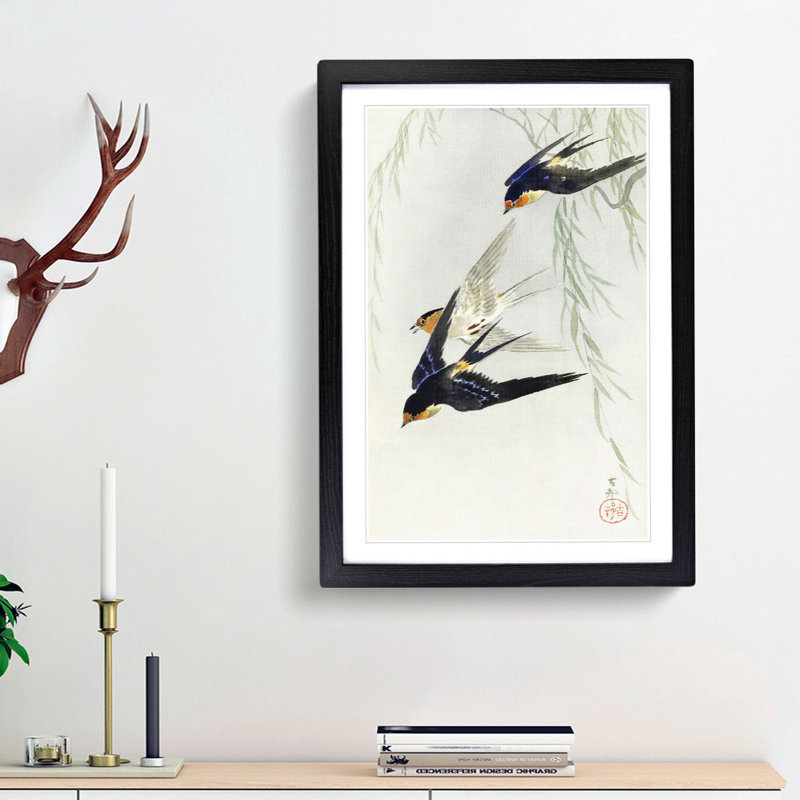 Swallows in Flight by Ohara Koson - Picture Frame Art Print, 48cm H x 36cm W x 2cm D, Black Framed