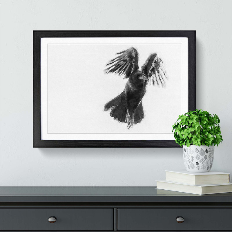 Raven Bird in Flight - Picture Frame Painting Print, 27cm H x 36cm W x 2cm D, Black Framed