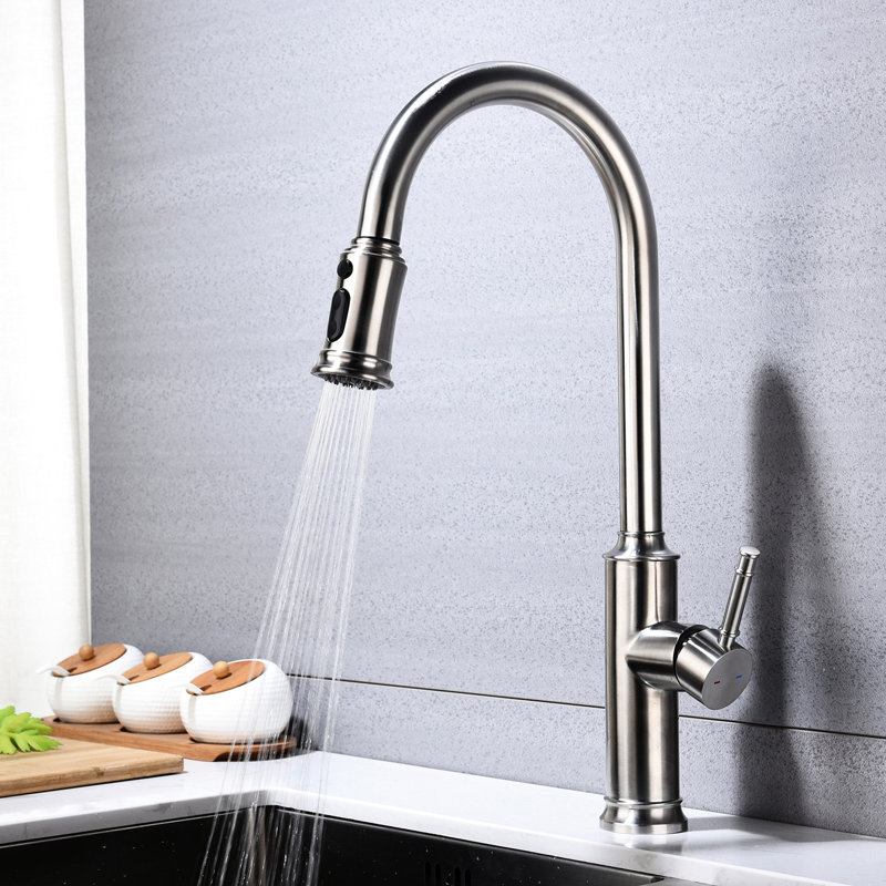 Brushed Nickel Kitchen Faucet With Pullout Spray Head, Stainless Steel, 360 Rotating Nozzle For Easy Water Flow, Corrosion And Rust Surface, Single Handle Temperature & Flow Control Unit Pull Out In